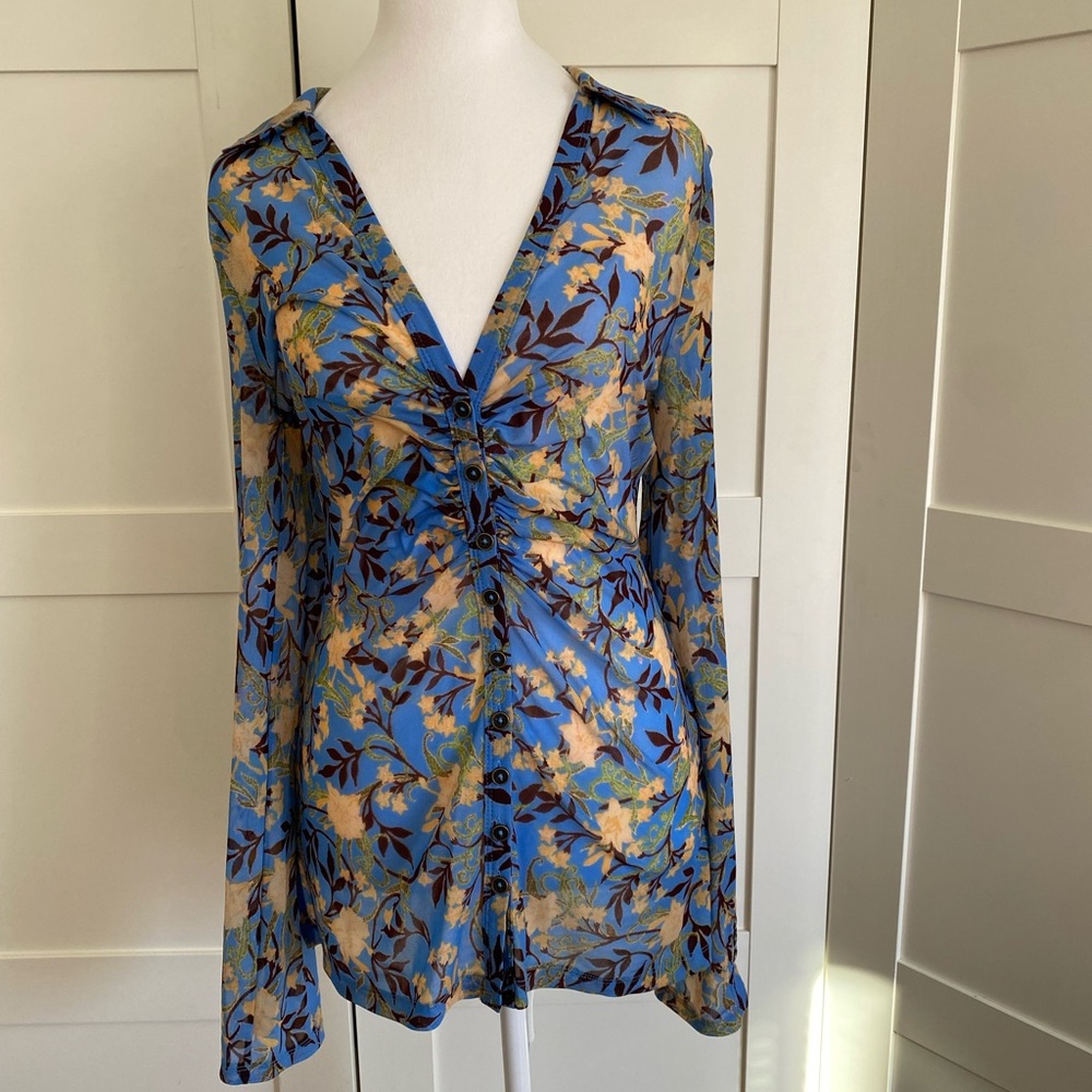 Free People Sheer Floral Blouse in Blue and Yellow